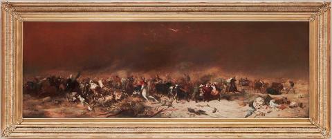 Oil painting depicting scenes of disaster with people and animals fleeing from thick black smoke. Corpses and bones of animals can be seen in the foreground.
