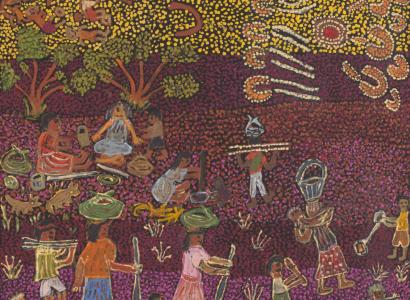 An acrylic painting on canvas showing people and animals, against a predominantly purple dot infill background. Some of the people carry baskets on their heads.