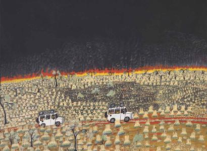 A painting depicting a black night sky, a landscape with clumps of grass and a few trees and fire in the background. Across this on a red earth road there are two four-wheel drives travelling each with a number of passengers inside and luggage on the roof.