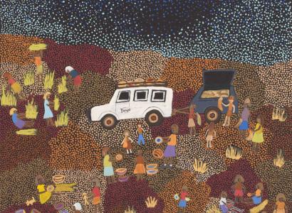 An acrylic painting on canvas showing people standing and seated around a white vehicle with a trailer. The background is made up of multi-coloured dot infill.