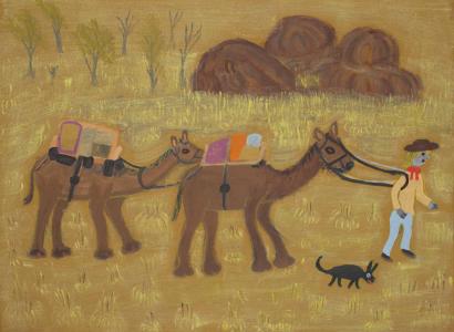 An acrylic painting on canvas showing a person leading two camels, against a predominantly yellow background. A small animal is running alongside the person.