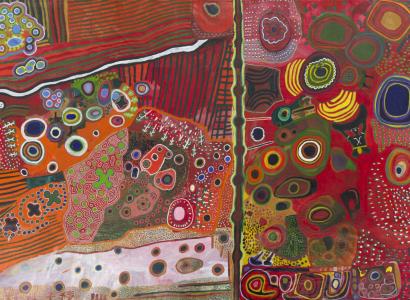 A multicoloured acrylic painting on canvas, depicting an aerial view map of the artists' country. The artwork is divided into two sections by a black line [representing the Canning Stock Route] and features circular [fresh waterhole] designs and a white snake in one corner, which are set against a predominantly red background