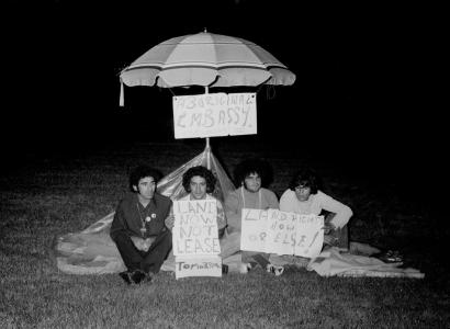 The original Aboriginal Tent Embassy on Australia Day, 26 January 1972. L-R: Michael Anderson, Billie Craigie, Bert Williams and Tony Coorey.