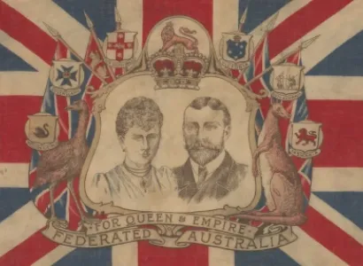An invitation on thick cardboard that reads 'THE GOVEREMENT OF VICTORIA requests the honor of the presence of / Mr & Mrs E. W.Whereat / at a Conversazione in the Exhibition Building on the Evening of Tuesday 7th May 1901, at 8 p.m.'. The invitation has an illustration of the Royal Exhibition building in the centre and a border that is highly decorated with scenes of five Australian capital cities as well as shields, and Australian flora and fauna.
