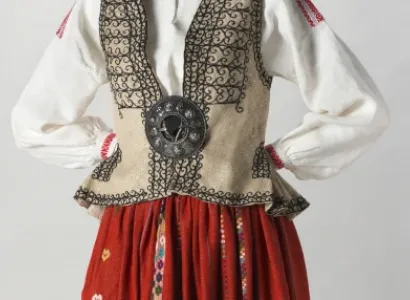 Latvian white, red and grey costume blouse.