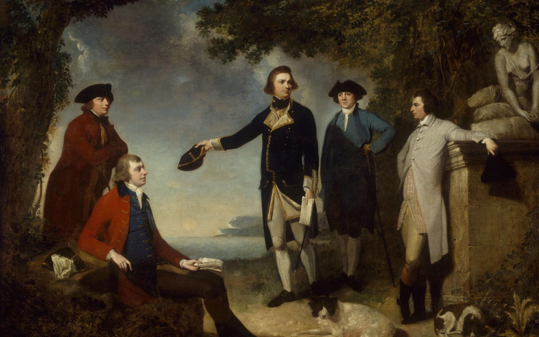 Painting by John Hamilton Mortimer showing from left: Dr Daniel Solander, Sir Joseph Banks, Captain James Cook, Dr John Hawkesworth and Lord Sandwich.