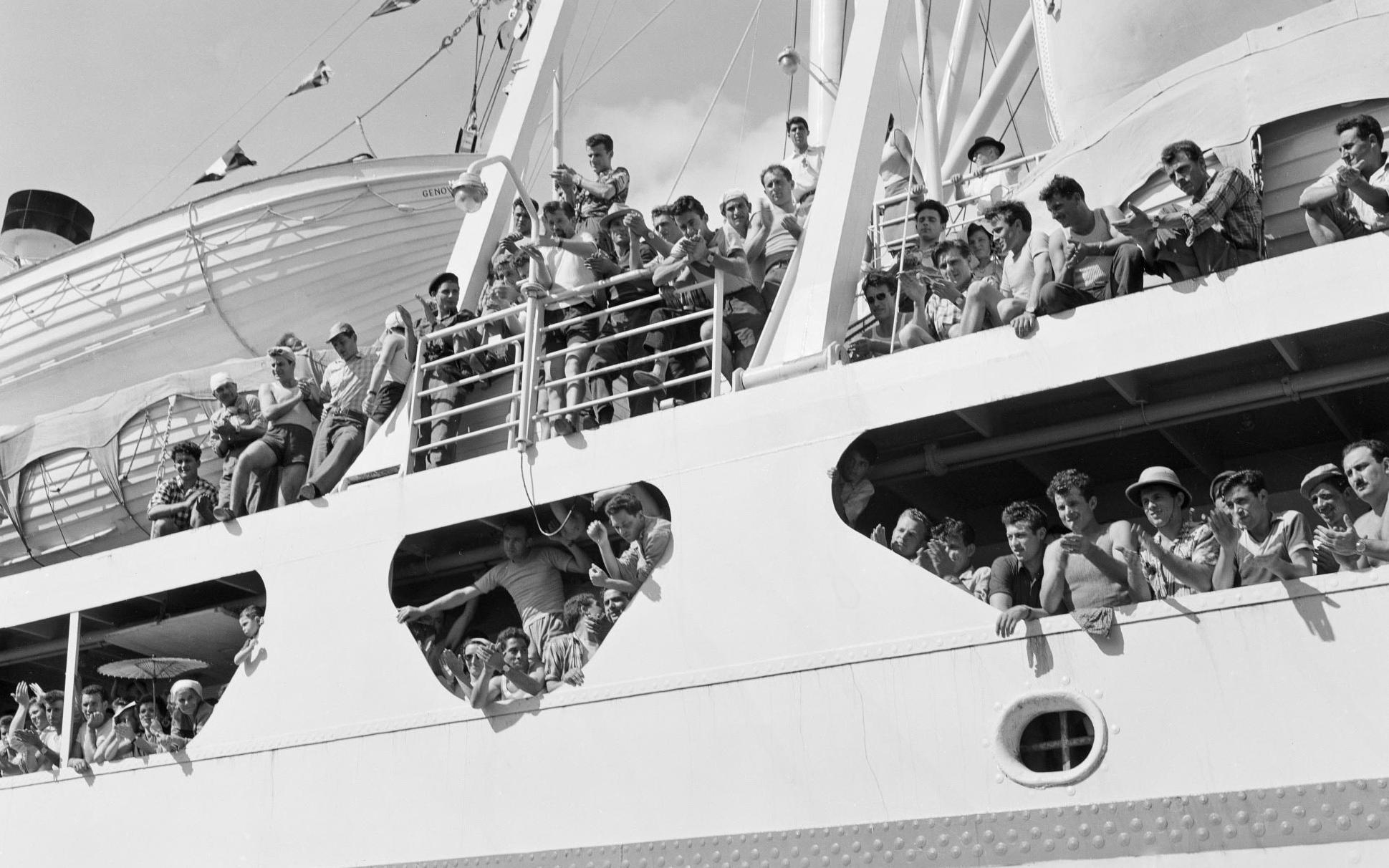 Italian canecutters arrive at Cairns aboard the Aurelia, 1956.