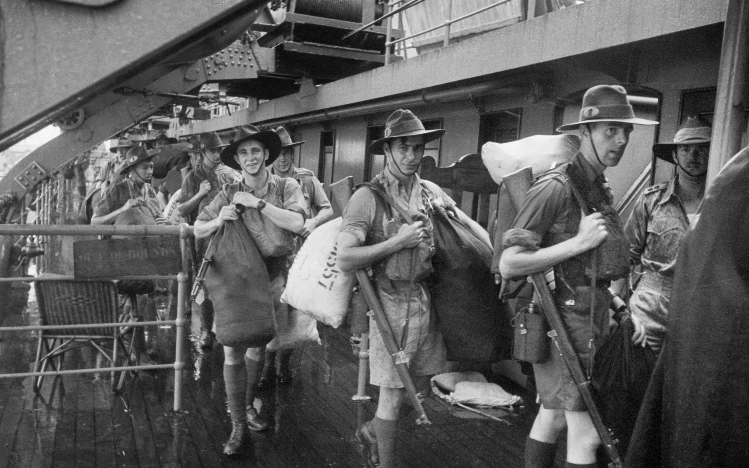 Australian troops disembarking at Singapore.