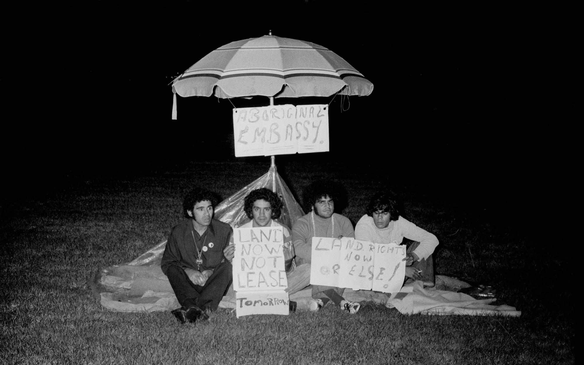 The original Aboriginal Tent Embassy on Australia Day, 26 January 1972. L-R: Michael Anderson, Billie Craigie, Bert Williams and Tony Coorey.