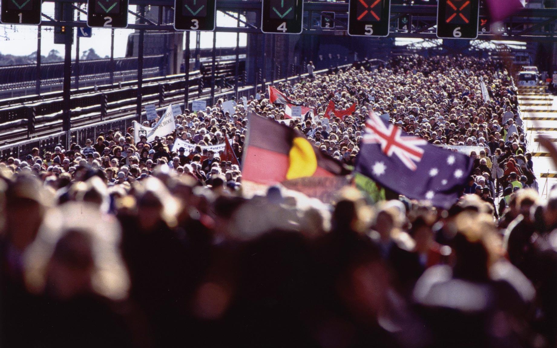 Huge crowd on Sydney Harbour Bridge during the Walk for Reconciliation, Corroboree 2000.