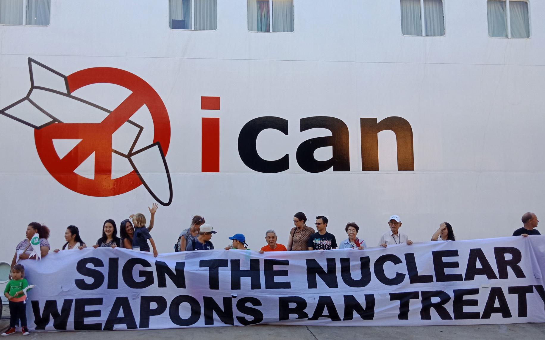ICAN banner at Peace Boat visit to Fremantle, Western Australia, 25 January 2018
