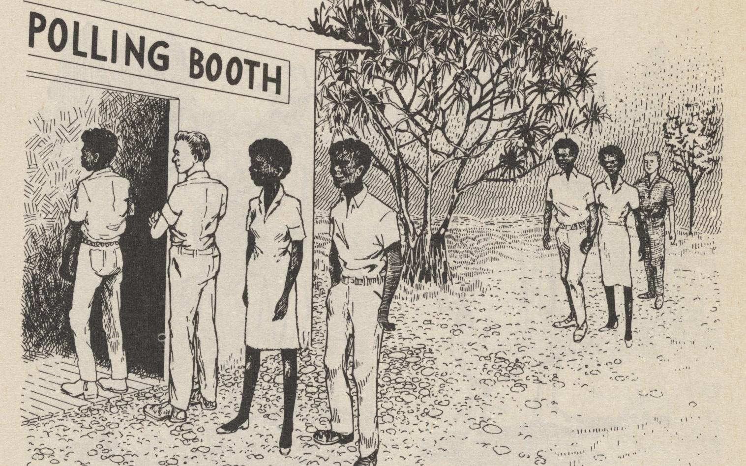 Illustration of people, including Aboriginal people, voting. Produced in 1970 by the Western Australian government in order to educate people (especially in remote communities) about voting.