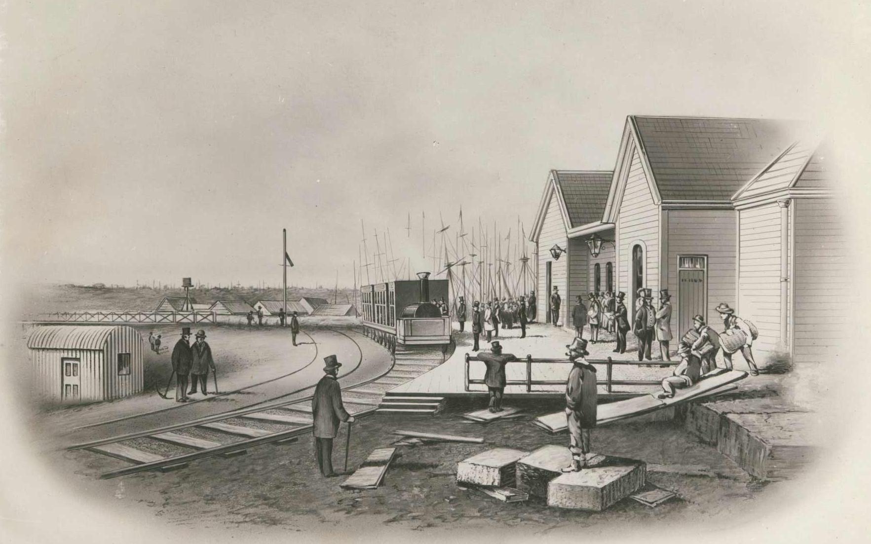 Drawing of 19th century railway station.