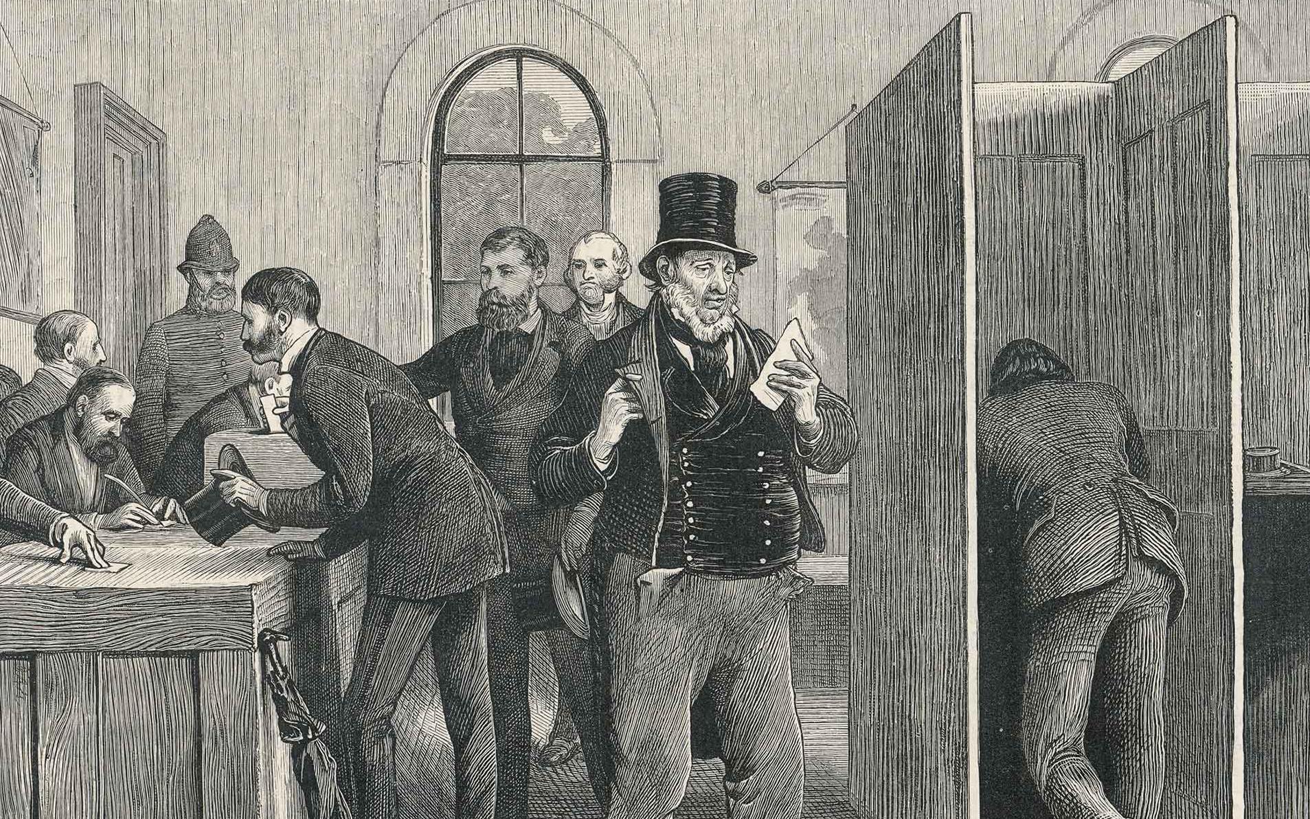 Black and white illustration of men at a polling booth.