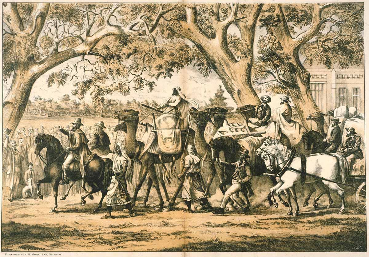 Sepia tone illustration depicting a procession of men on horses and camels, watched on by a large cheering crowd.