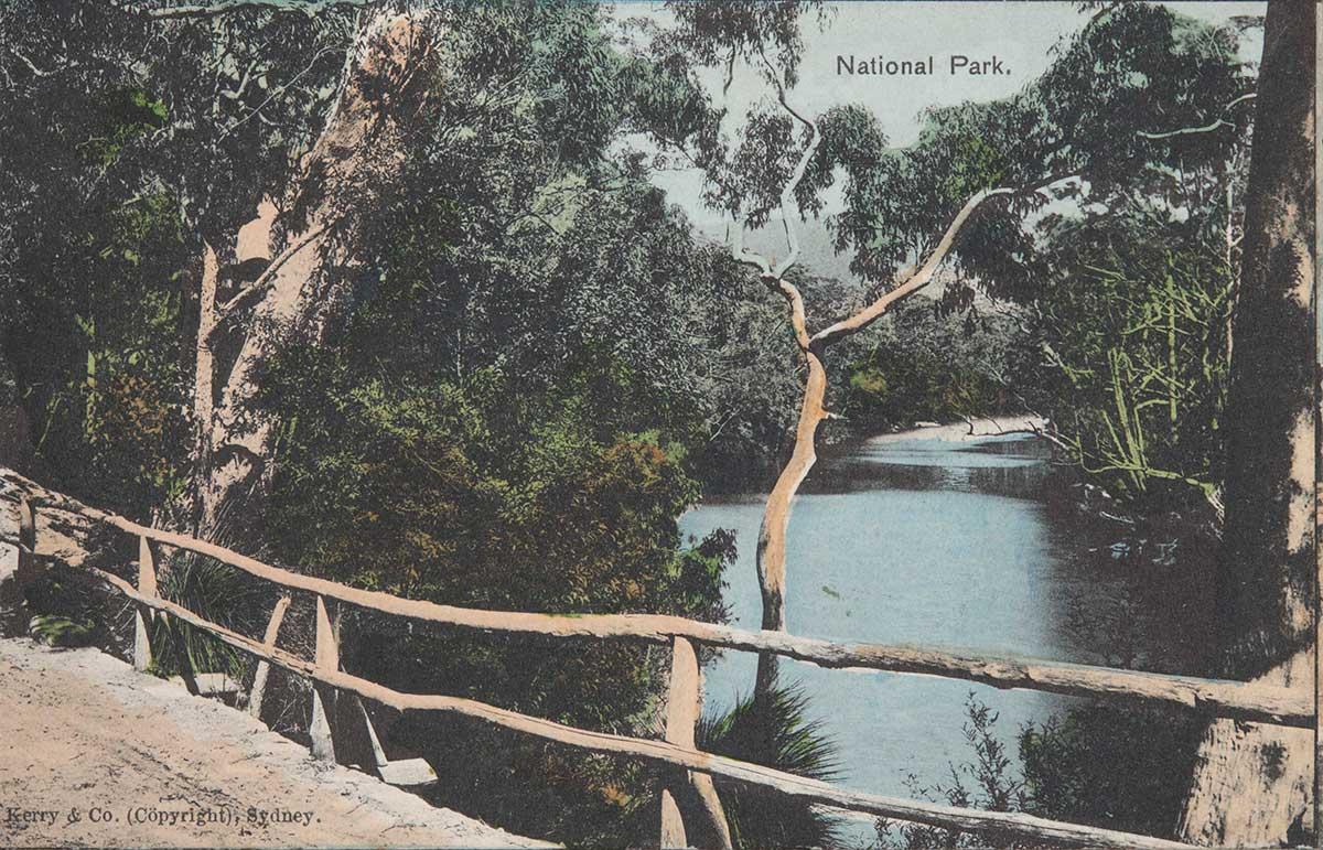 A postcard featuring a coloured black and white photograph of a body of water through trees and a fence. Printed text describes the photograph as being the 'National Park' and is copyrighted 'Kerry & Co. (Copyright), Sydney.'